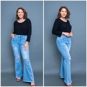 Plus Size Denim Flare Jeans With Distressed Detail